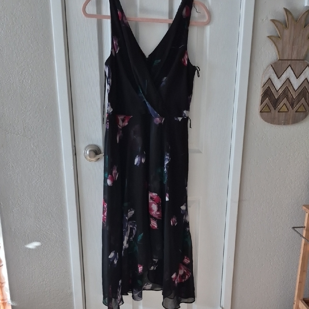 DKNY Black Floral Midi Dress with Pink and Green Accents